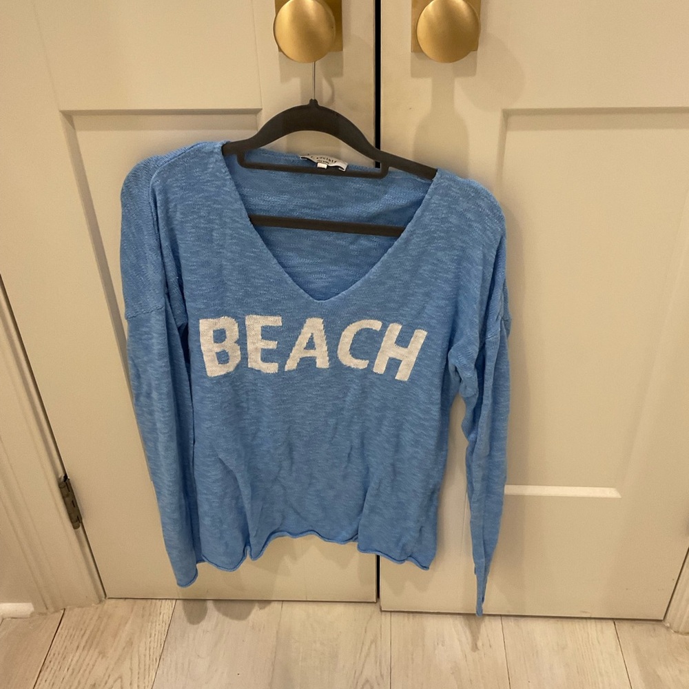 Sky Blue V-Neck Sweater with 'BEACH' Design